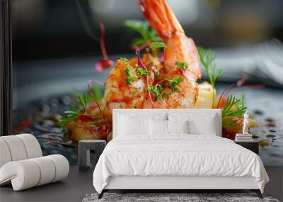 Grilled prawns with herbs on a plate in a restaurant Wall mural