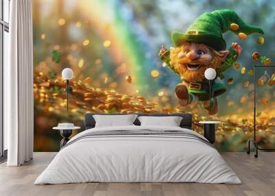 happy Leprechaun spilling gold coins. Dynamic illustration of Saint Patrick's Day and wealth concept Wall mural