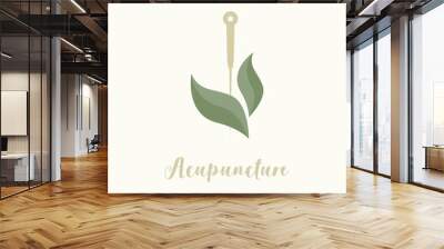 Acupuncture needle and green leaf. Alternative medicine logo, sign, icon. the acupuncture points as places to stimulate nerves, muscles and connective tissue. Acupuncture treatment. Chinese medicine Wall mural