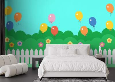 Flowers, green grass, sky and balloons. Positive background for children. Cute design with summer vibe. Landscape with balloons in the sky. Cheerful atmosphere. Positive background for kids, children Wall mural