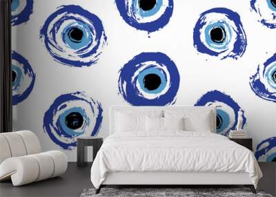 Hand drawn Turkish eye. Seamless pattern with hand drawn Turkish evil eye bead. Good luck. Turkish tile. Oriental ottoman design vector background. Symbol of Turkey, Greese, Crete, Cyprus Wall mural