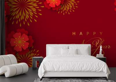 Happy New year. Chinese New year. Flowers. Chinese background. Holiday Chinese banner. Red, gold design Wall mural