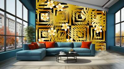 seamless retro gold luxury pattern with palm leaves and tropical exotic plumeria rubra frangipani fl Wall mural