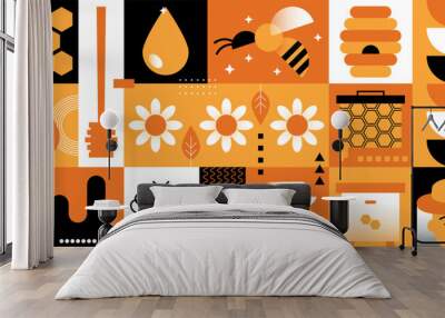 Sweet honey combs with honey, hive, bee, wooden stick pouring and flower. Honey set collection. Flat design elements vector illustration. Natural organic eco honey Wall mural