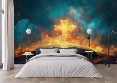 Open bible and a burning cross. Christian religious symbolism Wall mural