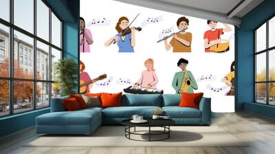 People playing musical instruments vector illustrations set. Large flat vector set of musicians playing synth, saxophone, flute, violin, cello and guitar, drum, singing person.  Wall mural