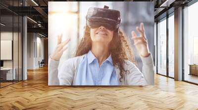 positive woman wearing virtual reality goggles headsetConnection, technology, new generation, progress concept. Wall mural