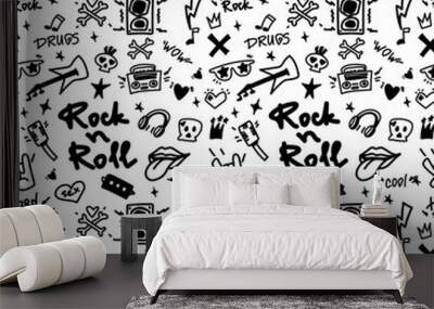 Rock n Roll seamless pattern. Black-white print for textiles, backgrounds, printing. Grunge style, hand lettered, vector illustration. Wall mural