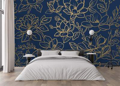 Seamless vector vintage gold floral pattern magnolia branches with flowers and leaves Wall mural