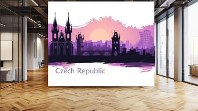 Stylized landscape of Prague with the main sights at ssunrise Wall mural