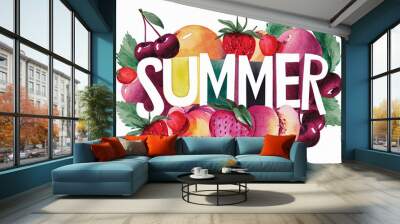 Summer, Lettering, a lot of juicy fruits, stylish poster, design composition, watercolor illustration style Wall mural