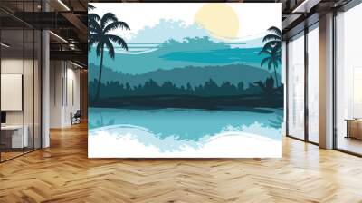 Tropical landscape in turquoise tones Wall mural