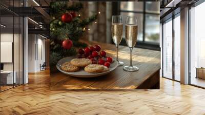 Two glasses of champagne and cookies on a wooden table with Christmas decorations Wall mural