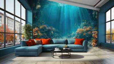 Underwater view of coral reef with fishes and rays of light. wallpaper, banner, copy space Wall mural