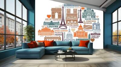 Vector stylized map of Paris with landmarks and symbols of France Wall mural