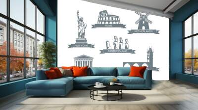 World architectural attractions. Stylized flat icons The statue of liberty, the Colosseum, the Parthenon and other Wall mural