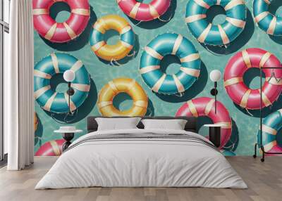 Fun colorful inner tubes floating on water in cute pattern Wall mural