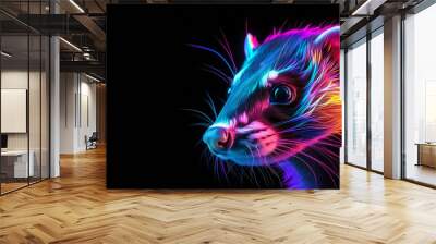 Glowing neon rainbow ferret on black background Wall mural