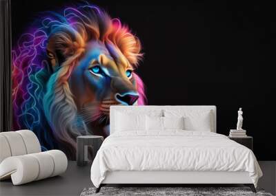 Majestic neon light glowing lion on black background Wall mural