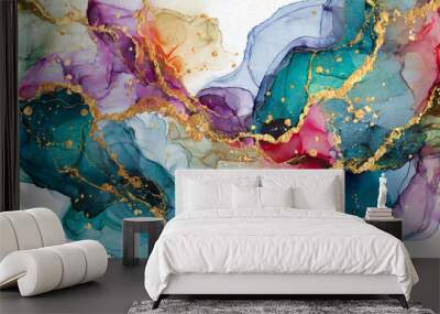 rainbow marble watercolour with gold seams Wall mural