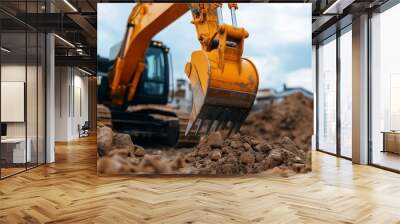 A crawler excavator is working on a construction site. Construction equipment. Digging trenches and ditches by machine Wall mural