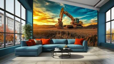 A crawler excavator is working on a construction site. Construction equipment. Digging trenches and ditches by machine Wall mural