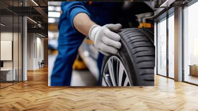 Auto repair worker works with a car wheel. Tire service. Car repair and maintenance. Seasonal replacement of car tires Wall mural