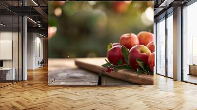 Background with apple, honey and copy space. Autumn farm harvest. Ripe red apples. Rosh Hashanah. Apple Savior. Wall mural