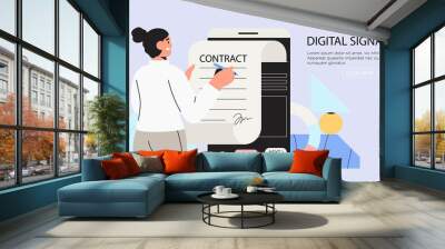 Business woman signing up smart or electronic contract with digital signature on smartphone. Data protection and privacy policy banner, flyer, landing page. Settle contract or make deal online. Wall mural