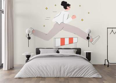 Character overcome obstacles to succeed in her work concept. Obstacles or motivation to solve problem and lead company achievement, businesswoman jump over hurdle race obstacle vector illustration. Wall mural