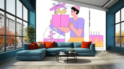 Character receive online reward, bonus or discount in mobile application on birthday. Man standing near smartphone with gift box and collect bonuses coupon for loyalty program on b-day in app. Wall mural