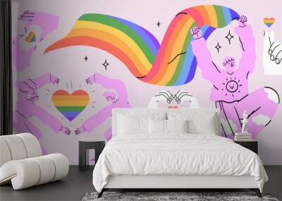 Characters with rainbow lgbtq flag celebrate pride month or day vector flat illustration. LGBTQ support festival or event social media greeting template design elements. Rainbow heart in arms. Wall mural