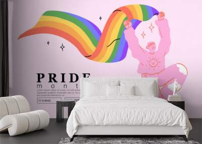 Cheerful character with rainbow lgbtq flag celebrate pride month or day vector flat illustration. LGBTQ support festival or event social media banner or post template, greeting card on pink background Wall mural