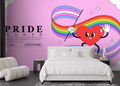 Cheerful heart character with rainbow lgbtq and transgender flag celebrate pride month or day vector flat illustration. LGBTQ social media banner or post template, greeting card on purple background. Wall mural