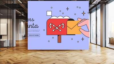 Child or parent hand hold or send mail to postbox. Character with envelope wrote letter to Santa Claus. Christmas or new year mail service and correspondence delivery vector illustration web banner. Wall mural