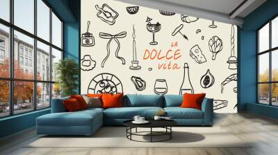 Hand drawn chalk food illustrations. Breakfast, lunch icons. Wine glass, coffee, croissant, cheese, bread drawings for wedding invitations, cafe menus and parties. La dolce vita italian sketch style. Wall mural