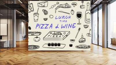 Hand drawn crayon food illustration. Sketch style lunch or dinner icons. Vector of wine, pizza, seafood and sushi Illustrations for invitations, menus and parties. La dolce vita italian style. Wall mural