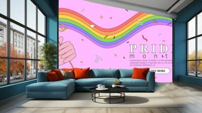 Hand hold rainbow lgbt flag and celebrate pride month, week or day vector flat illustration. LGBTQ support social media banner or post template, greeting card or party invitation on purple background Wall mural