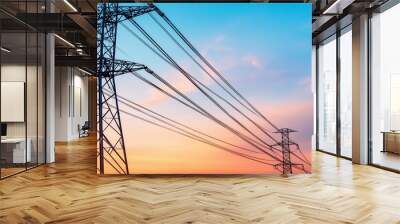 Landscape with view of power line against sky background. Electricity transmission. Power transmission tower Wall mural