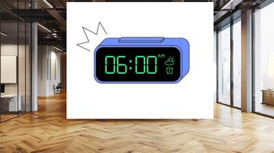 Led digital alarm clock, electronic blue device timer, reminder symbol icon with black screen and green numbers. Vector illustration in flat cartoon style with outline isolated on white background. Wall mural