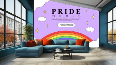 Lgbt pride month day festival banner, landing page, greeting post card, placard, flyer or poster. Lgbtq event invitation with rainbow and clouds on purple background in trendy outline cartoon style. Wall mural