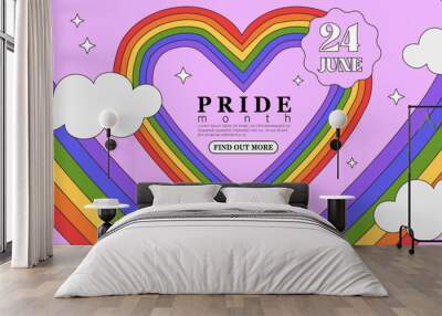 Lgbt pride month festival social media banner, web page, greeting card, placard, flyer or poster. Lgbtq event invitation with heart shape frame on pink background in trendy outline cartoon style. Wall mural