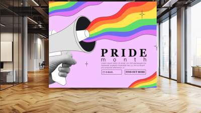 Loudspeaker with lgbt rainbow. People hold megaphone announcing pride month holiday or week celebration against violence, discrimination, human rights violation. Equality and self-affirmation. Wall mural