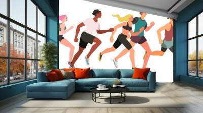 Marathon running group of men and women isolated on a white background - flat vector illustration. Wall mural