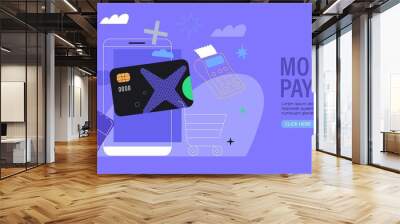 Near field communication or online payment with smartphone or mobile pay concept. NFC banner, flyer, trendy ui or web illustration, landing page design template. Credit card or contactless payment . Wall mural