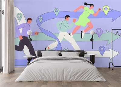 Office workers or clerks race or sprint. Business competition or rivalry between male and female employees or colleagues. Vector illustration. Man and woman run with laptops to their career goals. Wall mural