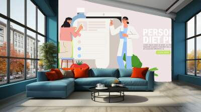 Online dietitian consultation. Concept of healthy eating, personal diet or nutrition plan from dieting expert or online nutrition course or marathon preparation. Can be used for social media banner. Wall mural