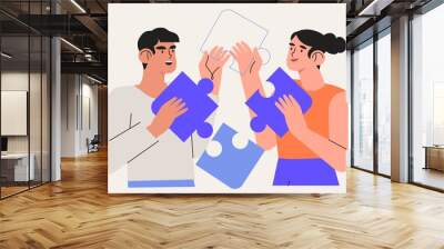 People team arrange puzzle vector illustration. Characters connecting puzzle elements or jigsaw pieces. Success collaboration, teamwork, coworking and business partnership concept. Business metaphor. Wall mural