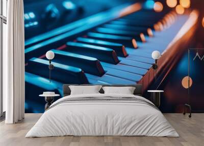 Piano keys, synthesizer close-up on a dark background with a bokeh effect. Music, musical instrument, concert Wall mural