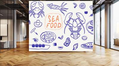 Sea Food with white wine with glasses doodle line art Illustration for placard, poster, menu and package design . Hand Drawn oysters, mussels, shrimps, octopus vector ink, crayon or chalk drawing. Wall mural